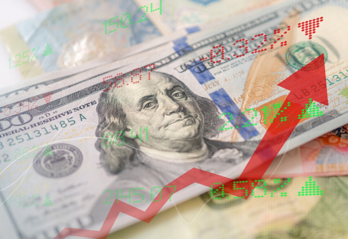 Cash of USA, Display of Stock market quotes, commercial building background