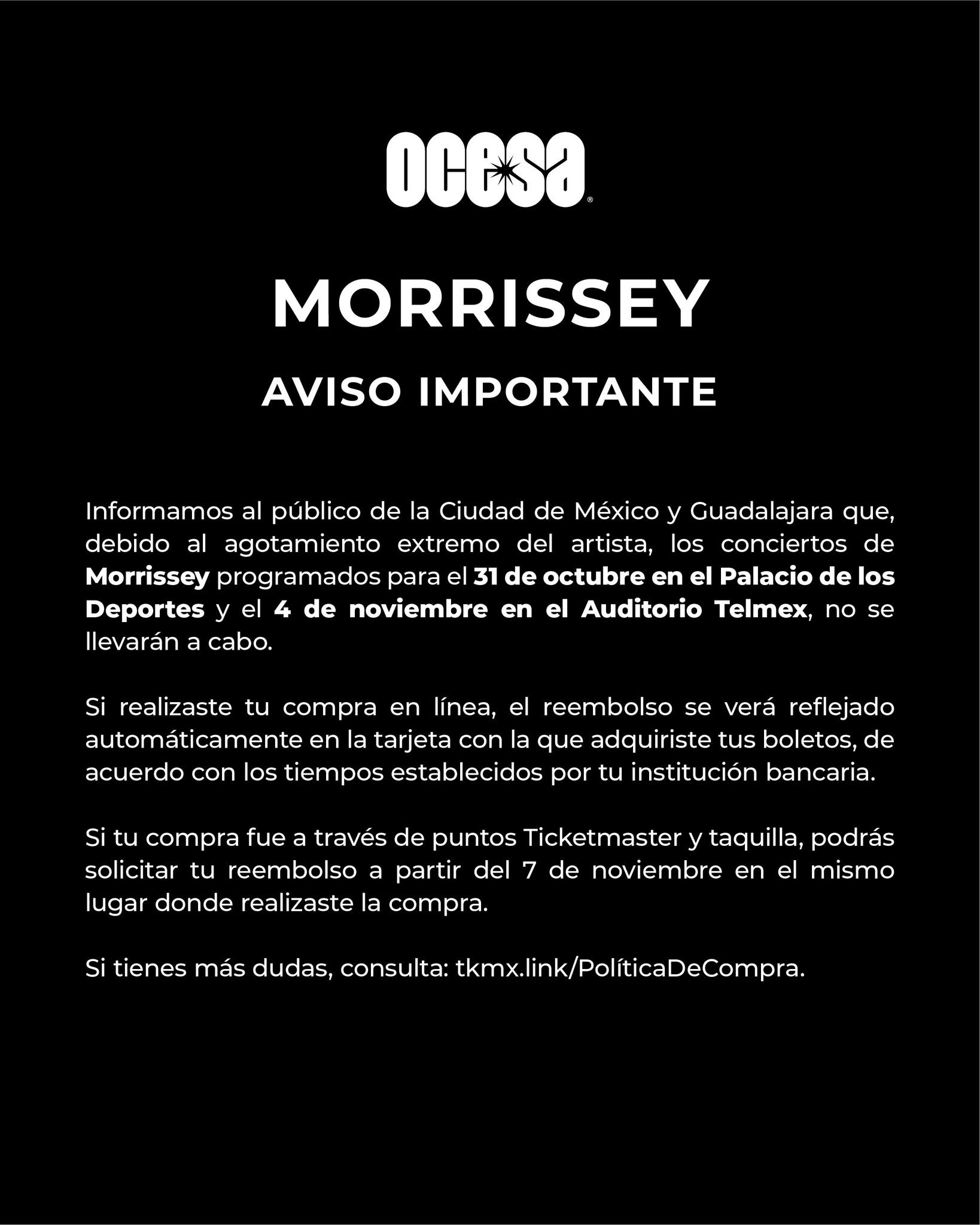 CDATA[
Morrissey , exvocalista de The Smiths y uno de los artistas más importantes de su generación, lo hizo de nuevo: volvió a cancelar un concierto en México , luego de que en el pasado ya lo había en varias ocasiones.
![