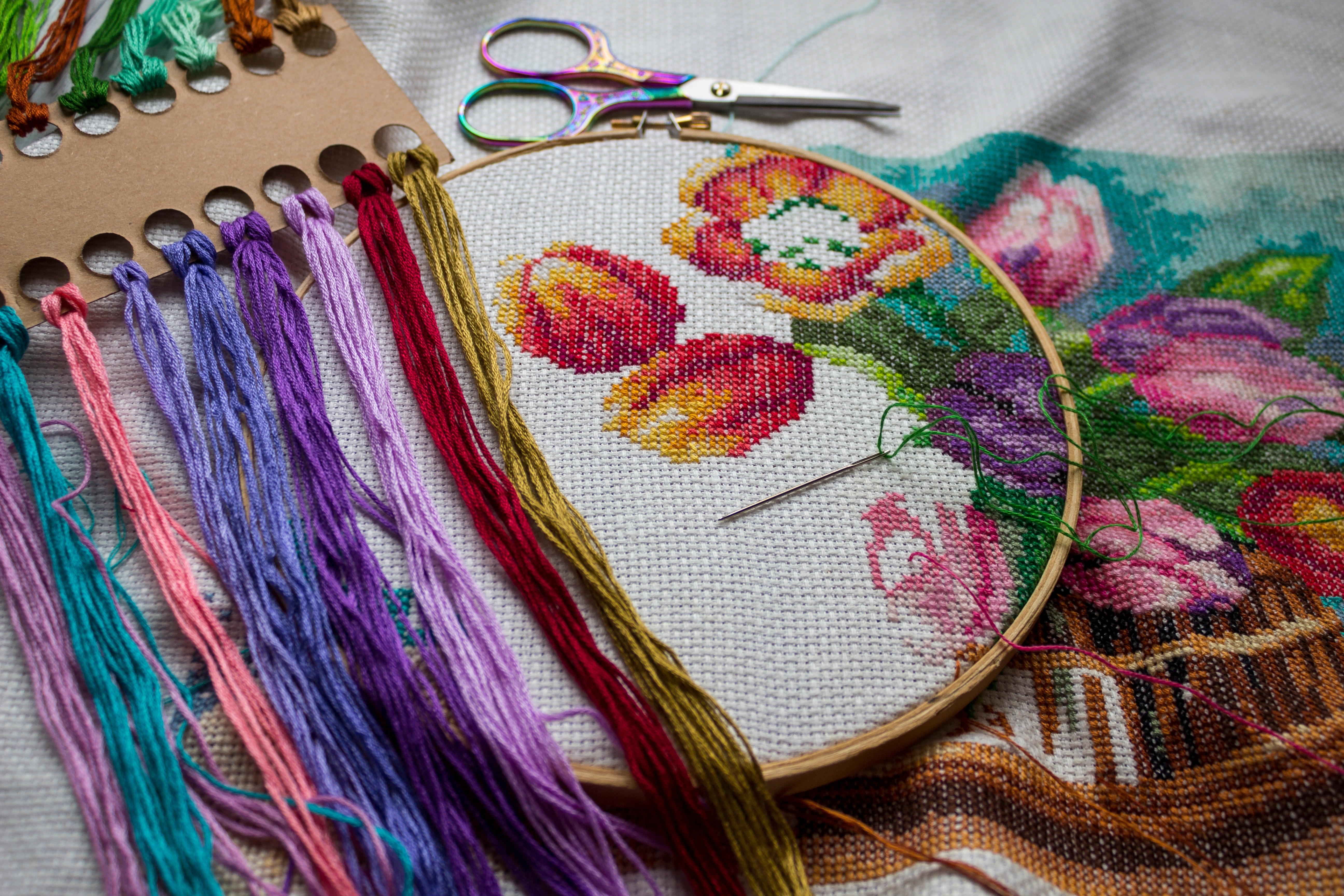 Flat,Lay,Of,An,Embroidery,Hoop,With,Colorful,Floral,Cross-stitch,