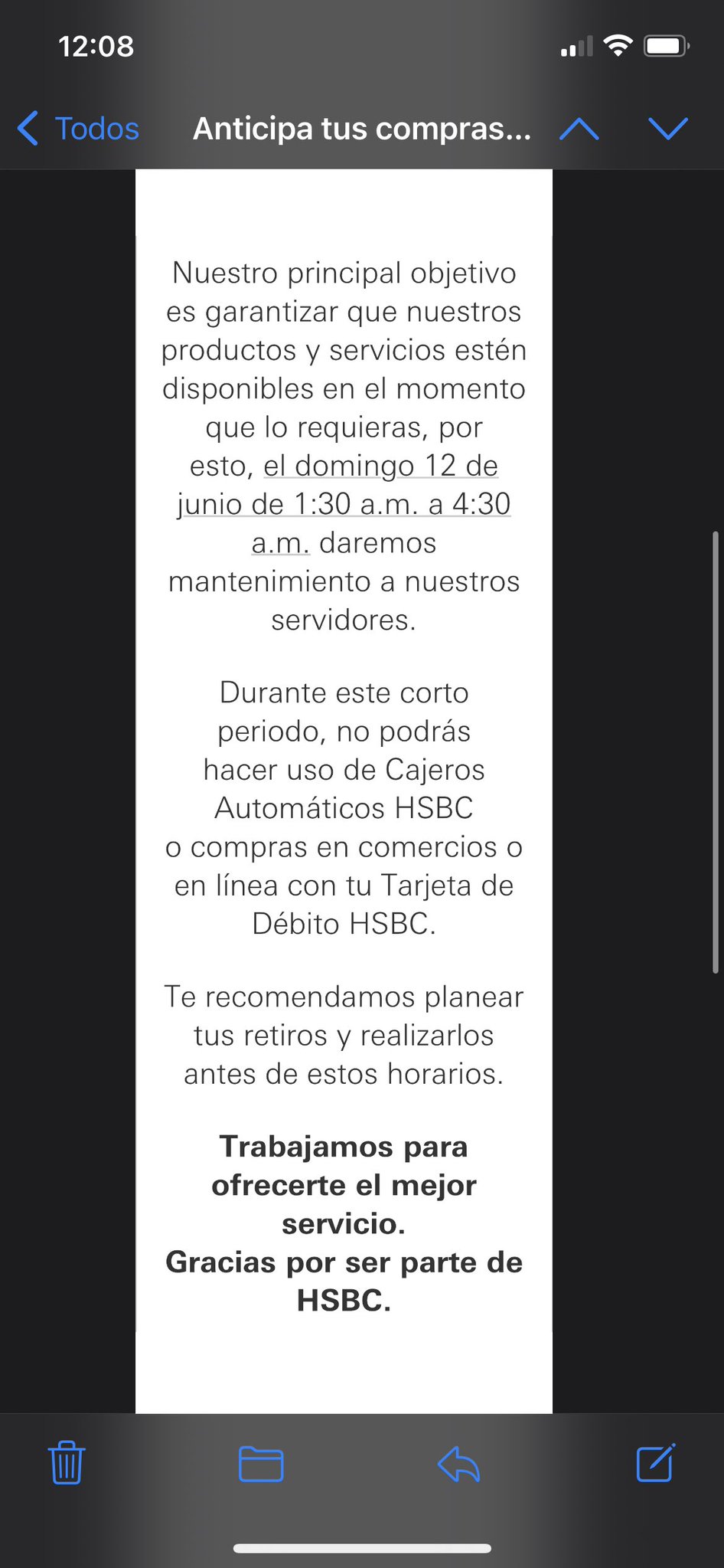 CDATA[
La institución bancaria HSBC informó que este domingo 12 de junio llevará a cabo un mantenimiento de 1:30 horas a 4:30 horas, por lo que no estarán operando los cajeros automáticos. “Para que nuestros clientes puedan tomar precauciones y evitar imprevistos, se les ha informado a través de diferentes canales del proceso que se correrá”, indicó la institución bancaria.
![