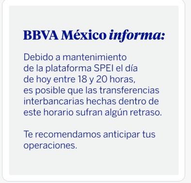 CDATA[
Los usuarios de los bancos verán afectaciones la tarde de este 24 de octubre para hacer sus transferencias en sus aplicaciones, debido a que habrá un mantenimiento de SPEI. Las intermitencias para hacer transferencias vía el SPEI empezarán desde las 5:45 de la tarde para el caso de Nu y desde las 6 de la tarde para el resto de los bancos; las labores de mantenimiento terminarán a las 8 de la noche.
Mantenimiento de SPEI hoy
![
