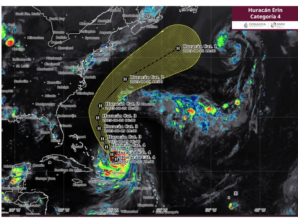CDATA[
El huracán Erin , localizado en el sureste de las Bahamas, en el océano Atlántico , volvió a intensificarse este lunes a la categoría 4 de la escala Saffir-Simpson, y amenaza a las costas caribeñas y estadounidenses con olas y corrientes marinas potencialmente mortales.
Trayectoria y evolución de Erin en el Atlántico
![