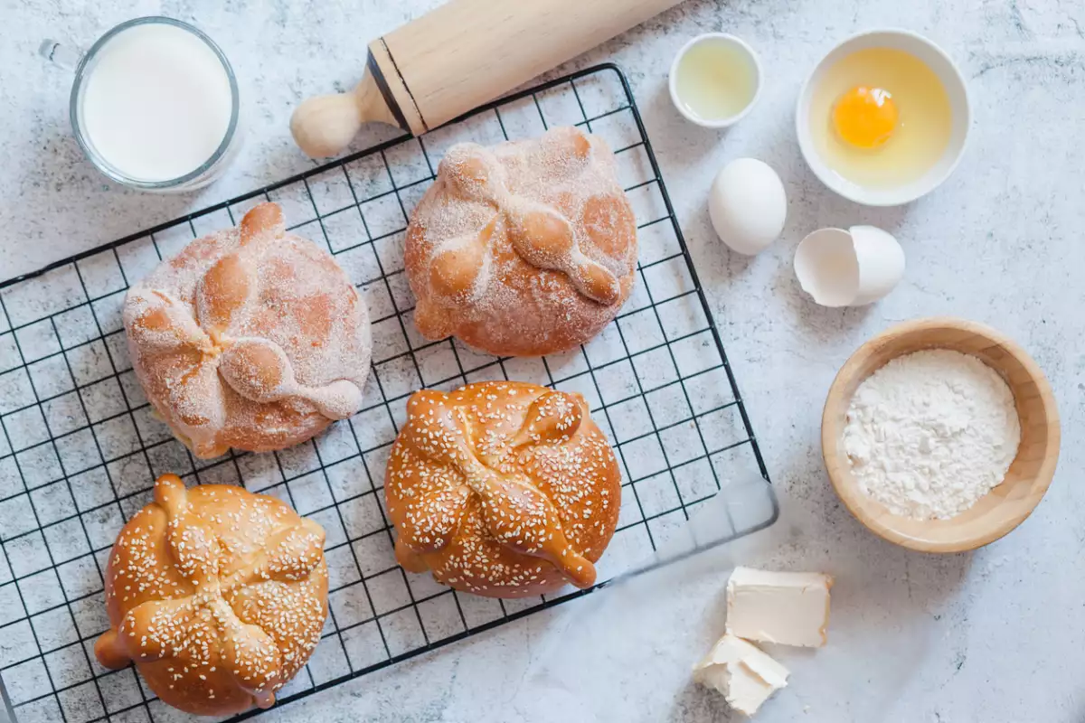 Pan de Muerto, ingredients for Mexican bread recipe traditional for day of the Dead in Mexico