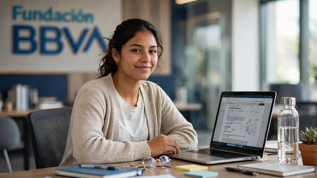 Una mujer joven frente a su computadora realizando su solicitud para la beca de BBVA.