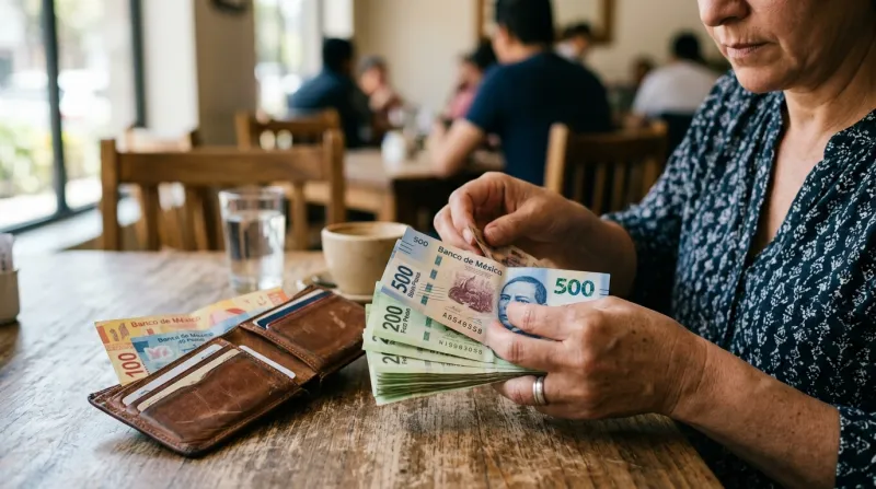 Mujer sentada a la mesa mientras cuenta billetes de 200, 500 y 100 pesos mexicanos.