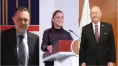 En la imagen, de izquierda a derecha, el gobernador de Querétaro, Mauricio Kuri, la presidenta Claudia Sheinbaum y el embajador Ron Jhonson.