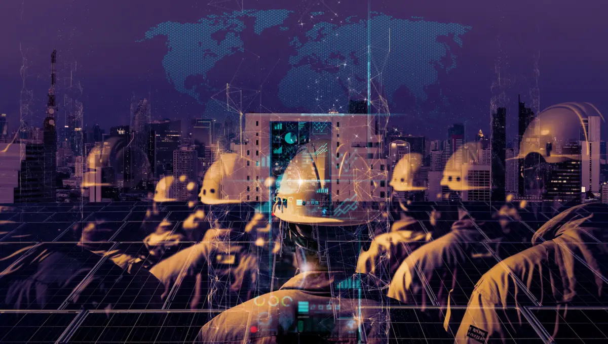 Concepto de colaboración para cambiar el mundo para reducir el calentamiento global, fuentes de energía renovables, sostenibilidad por energía alternativa. Doble exposición de la ciudad nocturna del equipo de ingenieros, ai generativo.