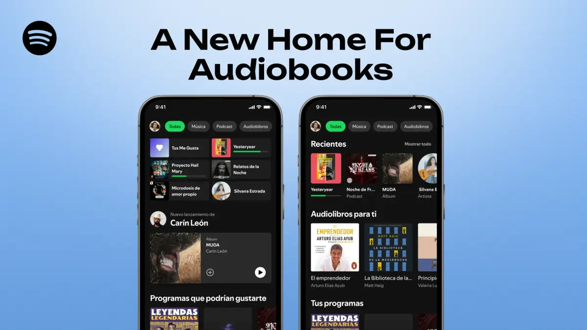 Pantalla de un teléfono con la sección de audiolibros de Spotify abierta, donde aparecen recomendaciones y categorías de libros para escuchar.