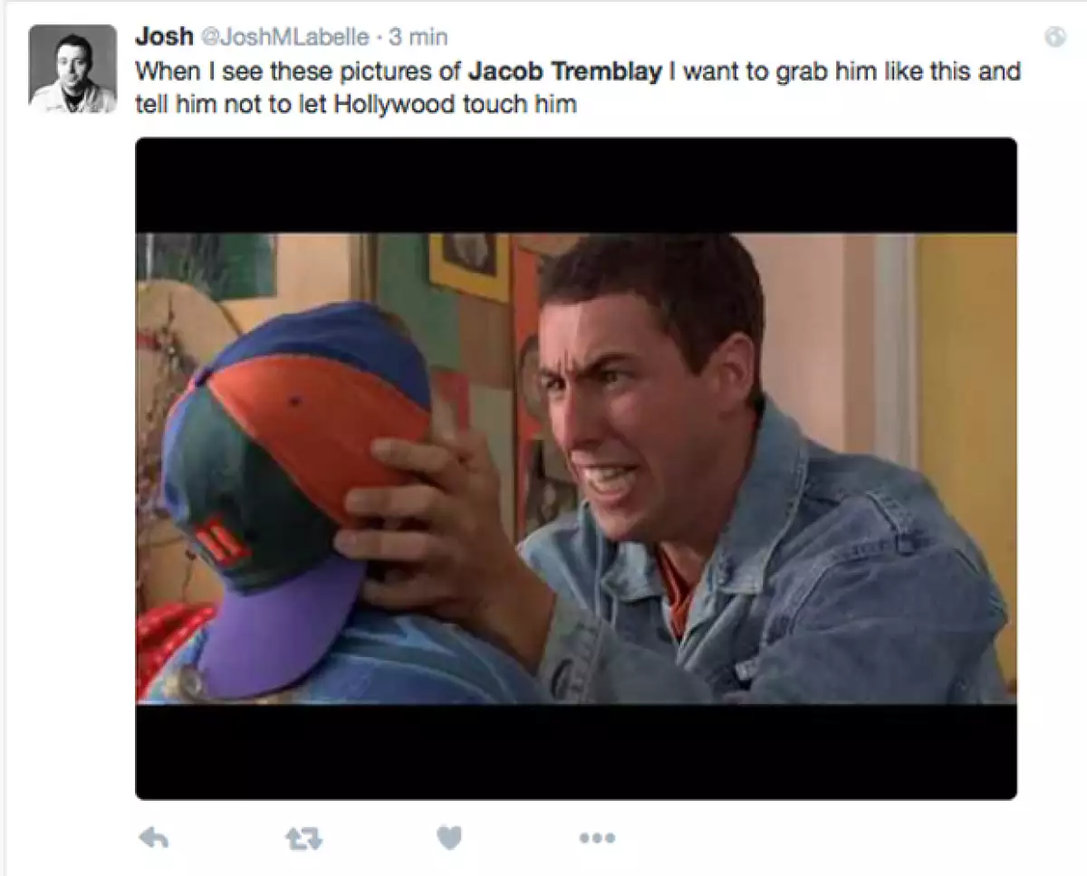 `Cuando veo estas fotos de Jacob Tremblay quisiera agarrarlo así y decirle que no permita que Hollywood lo toque´, lee uno de los comentarios que se compartieron en redes sociales.