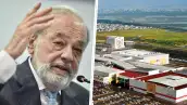 Retrato de Carlos Slim Helú dividido por una línea diagonal de una plaza comercial con tiendas ancla, estacionamiento y edificio de hotel en la periferia urbana.