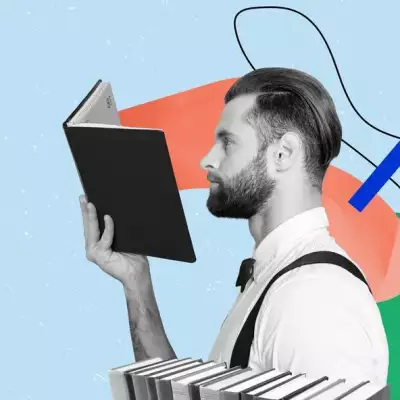 Collage picture image of attractive clever man reading encyclopedia isolated on drawing background