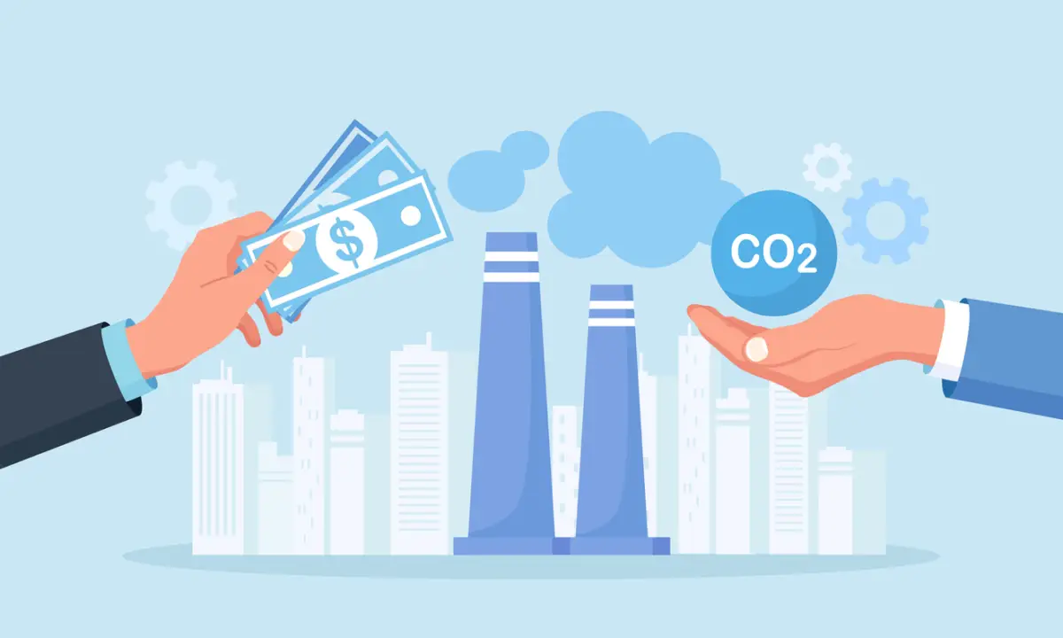Businessman Paying Carbon tax. GHG Payment as Environmental Fee to Reduce CO2. Greenhouse Gas Cost of Emission or Pollution, Charged for Global Warming. Factory Pipe Emitting Toxic Smoke