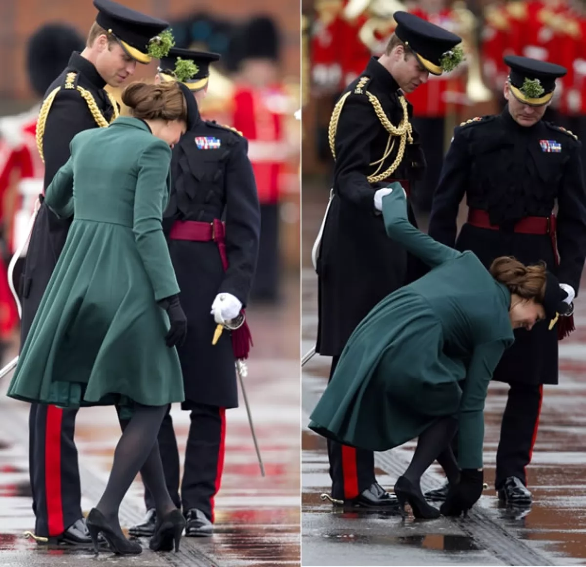 Kate simplemente se agachó para soltar su zapato del suelo mientras Guillermo la ayudaba.