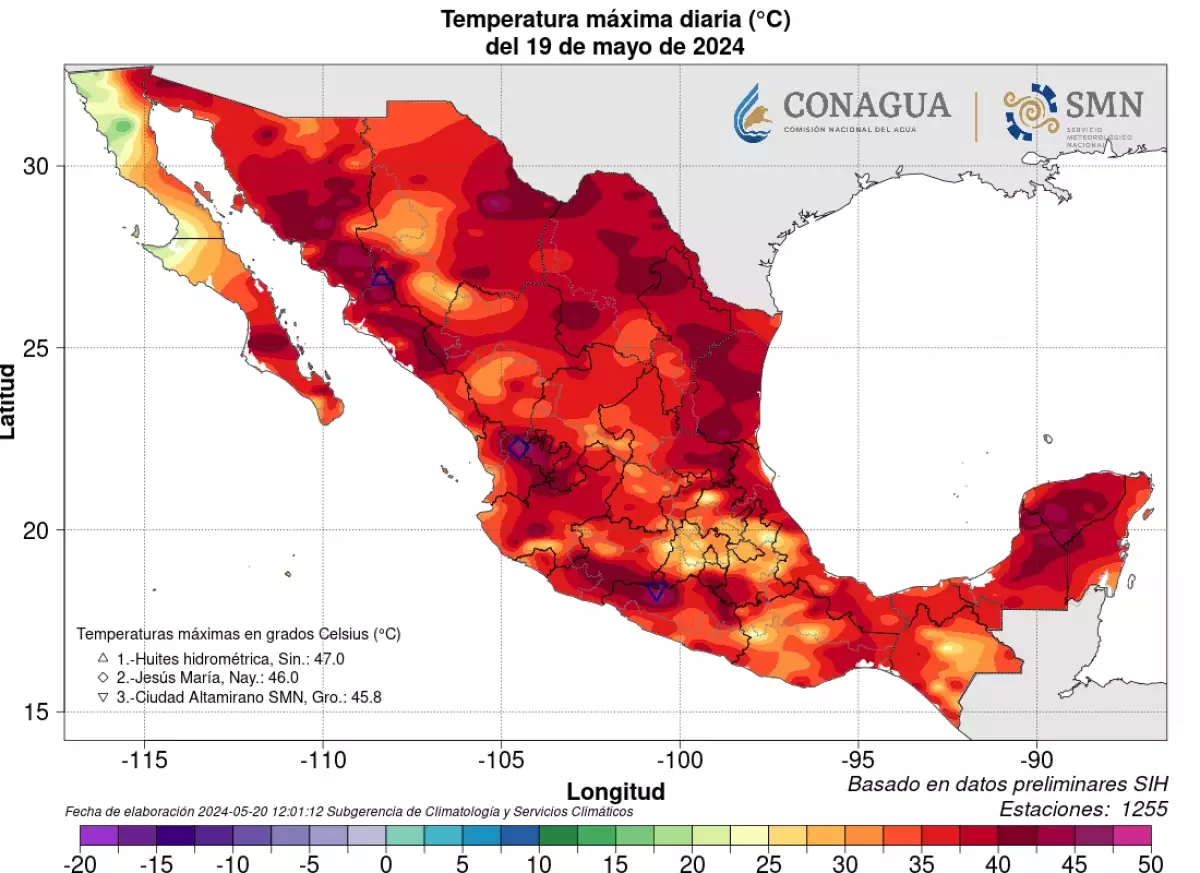 Temperatura máxima del 19 de mayo de 2024 en México