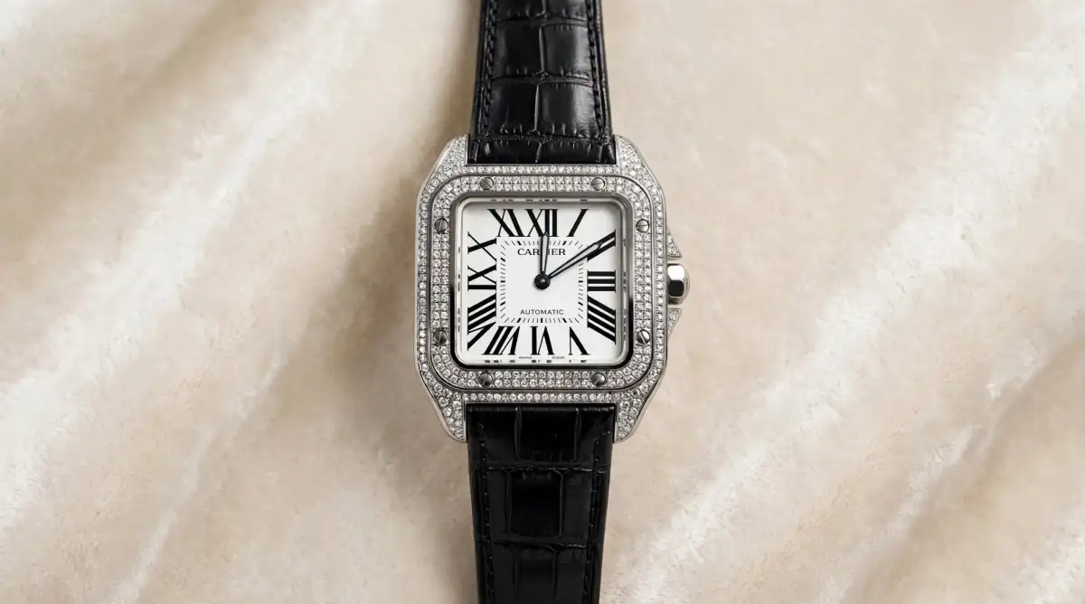 Un reloj Cartier con diamantes, correa de piel negra.