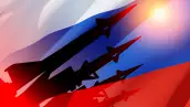 Silhouette of missiles on a background of the flag of Russia and the sun. Nuclear weapon concept.
