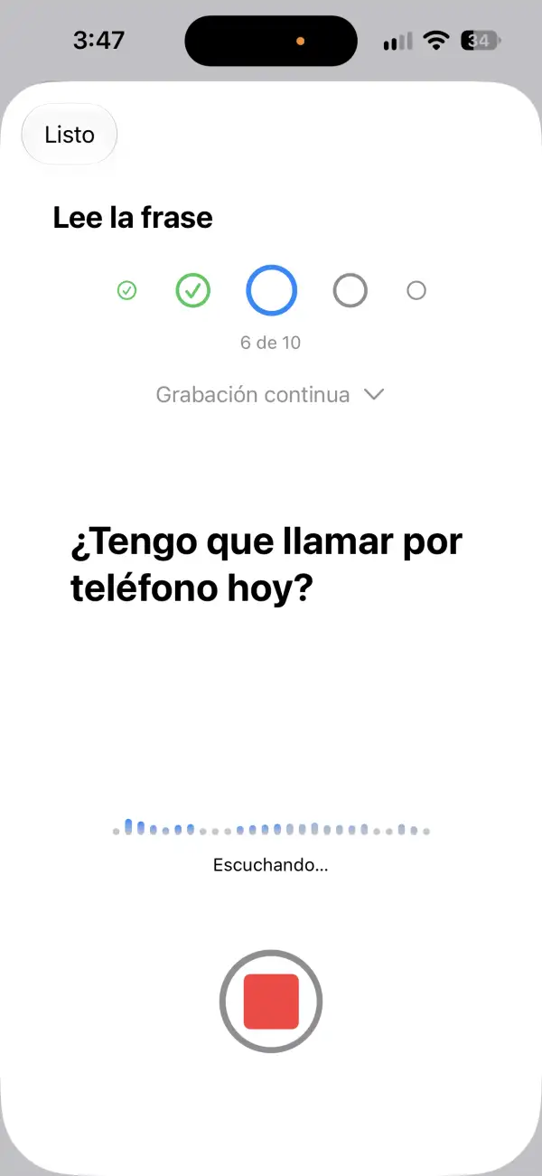La imagen muestra las frases que el usuario debe leer para crear una voz personal para el iPhone.