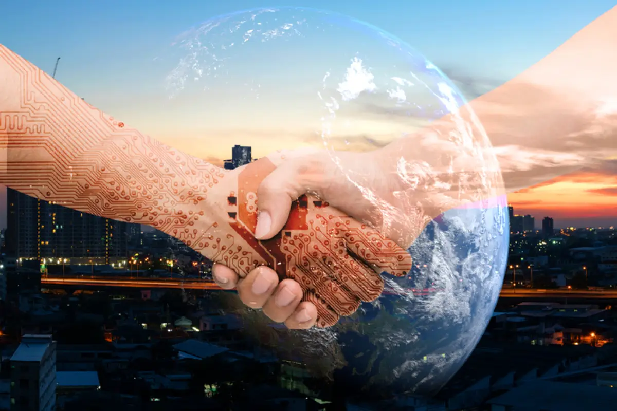 Industry 4.0 internet of things and digital disruption concept. Double exposure of Shaking hands of male people and robot circuit electronic hand with construction building and earth furnished by NASA
