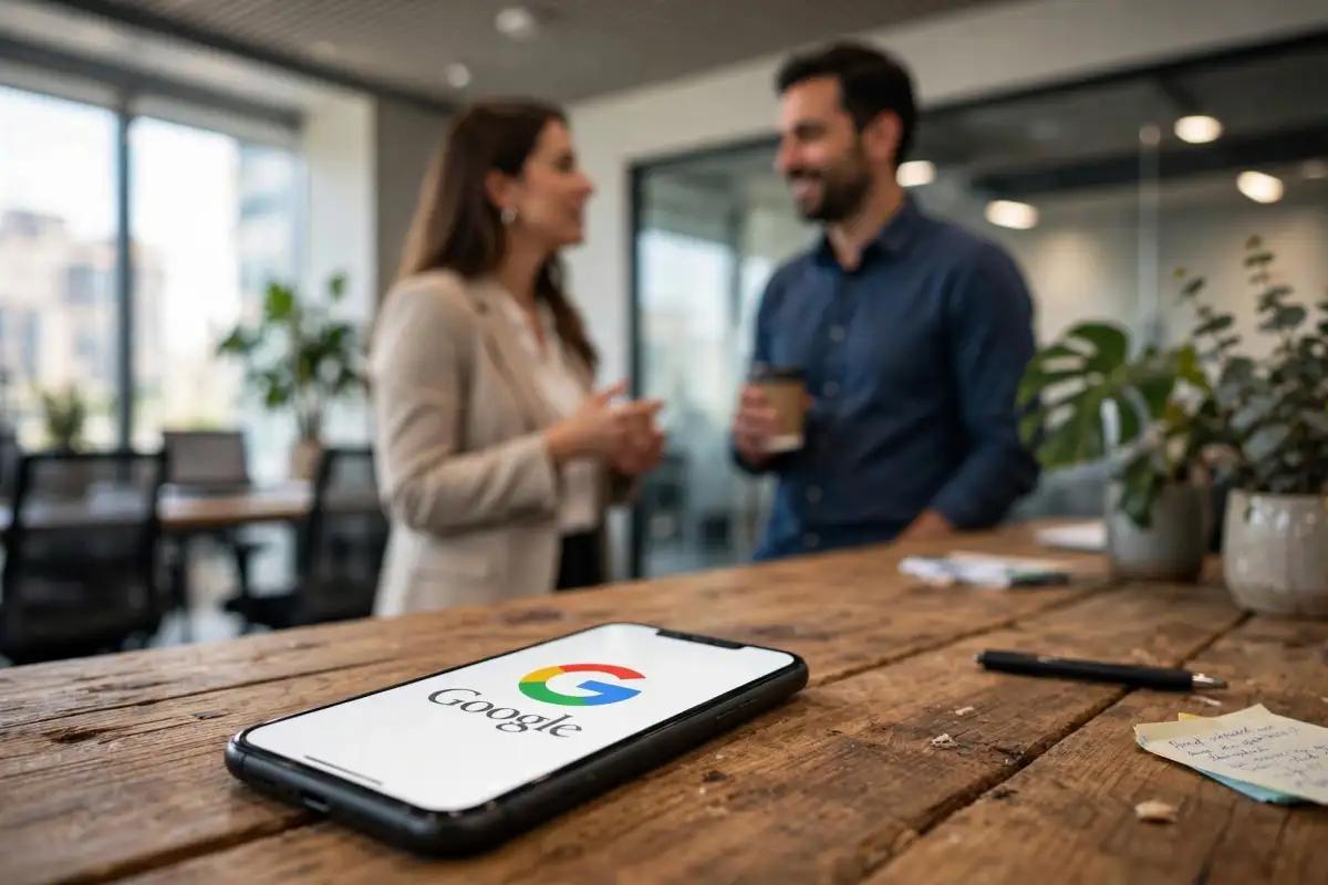 Dos personas conversando al fondo, en primer plano se observa un celular con la pantalla prendida y el logo de Google.
