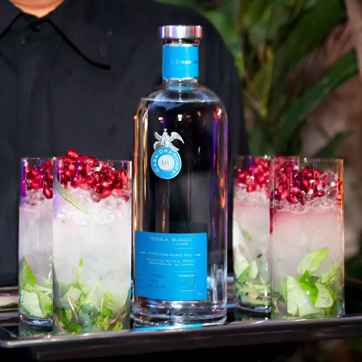 foto de una bandeja de vasos con tragos de tequila y una botella de Casa Dragones