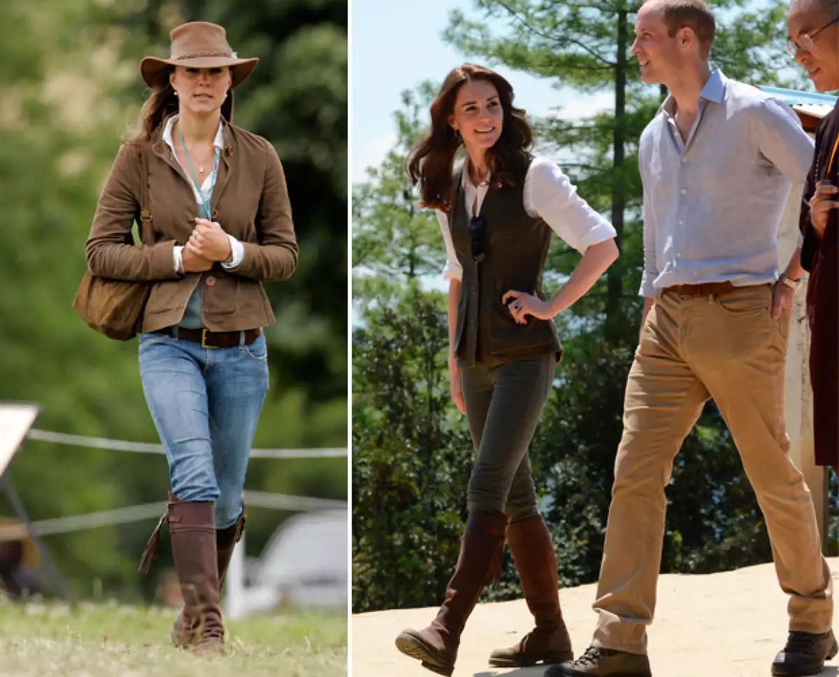 En la imagen de la izquierda vemos a Kate luciendo las botas en el año 2005. La foto de la derecha fue tomada la semana pasada en Bután.