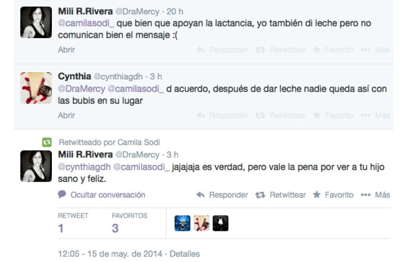 Camila replicó el mensaje de la usuaria @DraMercy que resaltaba la importancia de lactar.