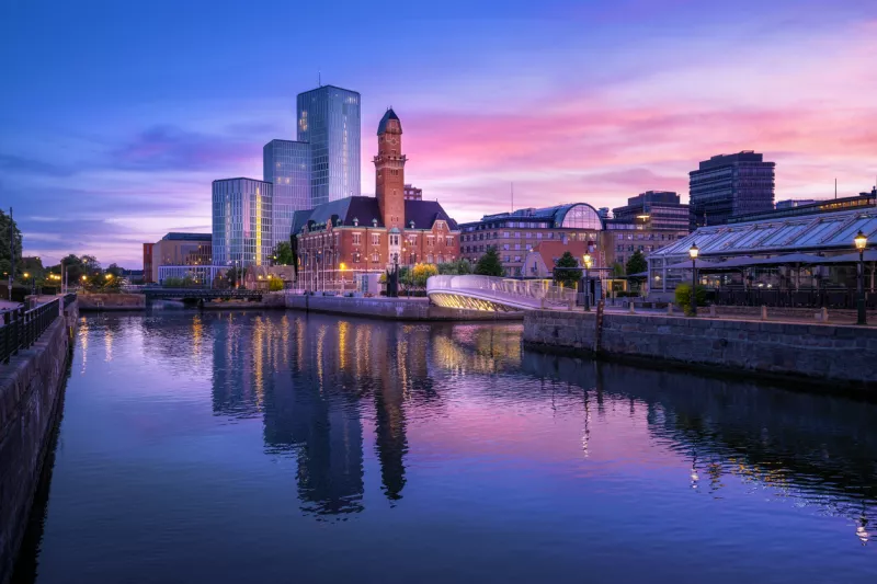 Malmo Skyline and Hamnkanalen Canal at sunset - Malmo, Sweden