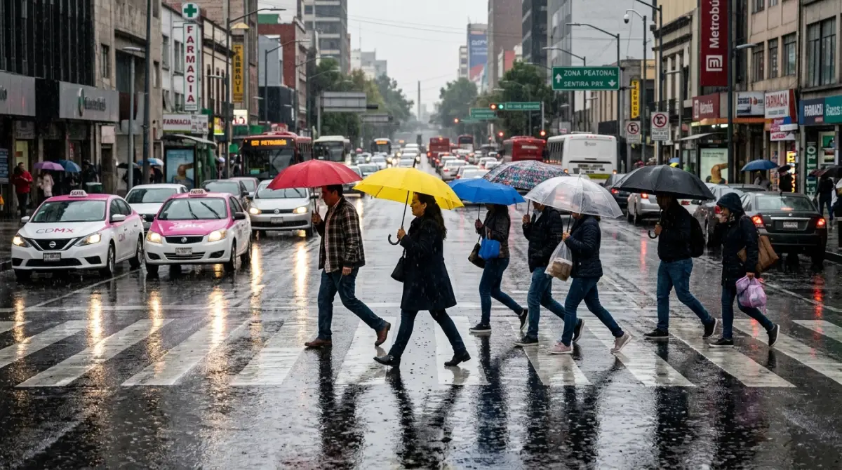 Personas cruzan la calle en CDMX con fuertes lluvias.