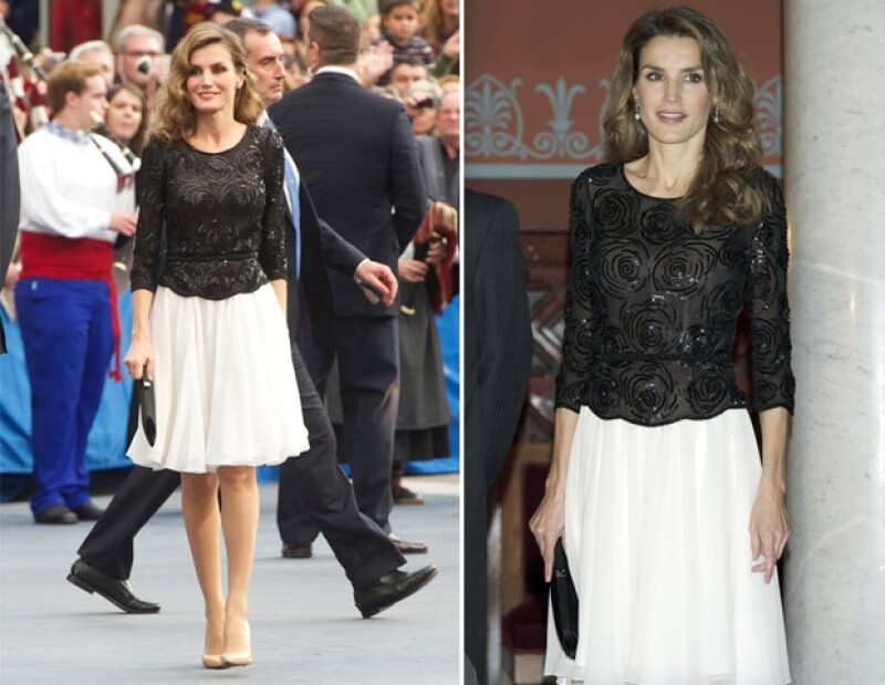 La princesa de Asturias curiosamente ha repetido diseños de Felipe Varela los cuales realza con accesorios. La primera foto corresponde a 2012, la segunda en noviembre de este año.