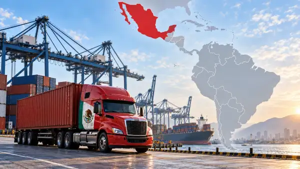 Fotoarte de un tráiler con la bandera de México en un puerto de carga, entre contenedores, grúas y un buque. Al fondo aparece un mapa de América Latina y el Caribe, con México destacado en rojo.