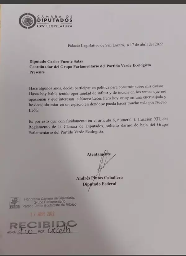 Movimiento Ciudadano suma a diputado Andrés Pintos, quien dejó bancada del PVEM.