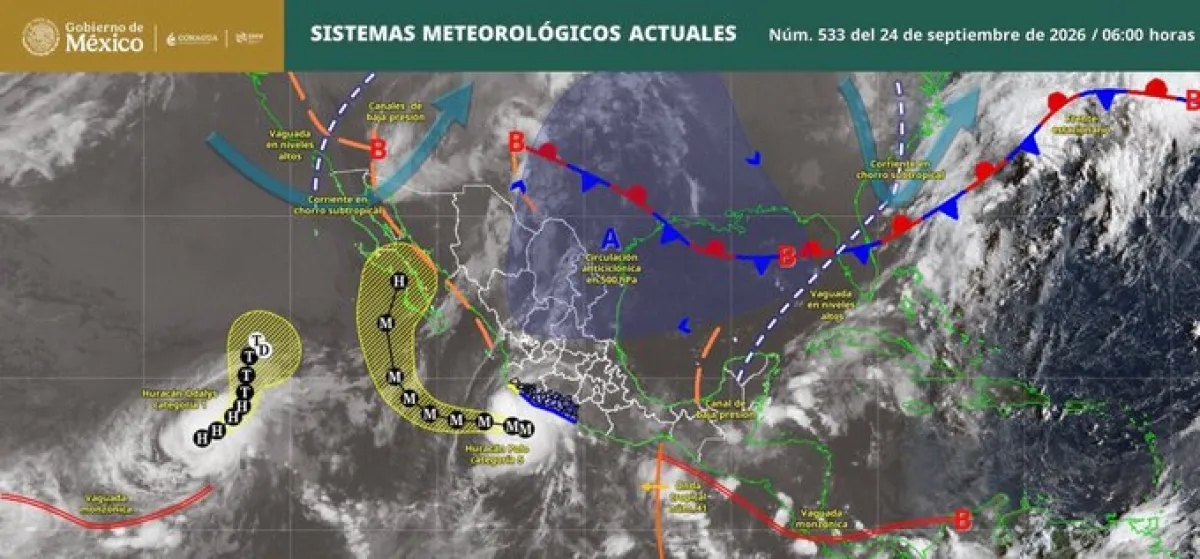 Mapa satelital de México en color gris con líneas rojas y azules que señalan fenómenos meteorológicos.jpeg