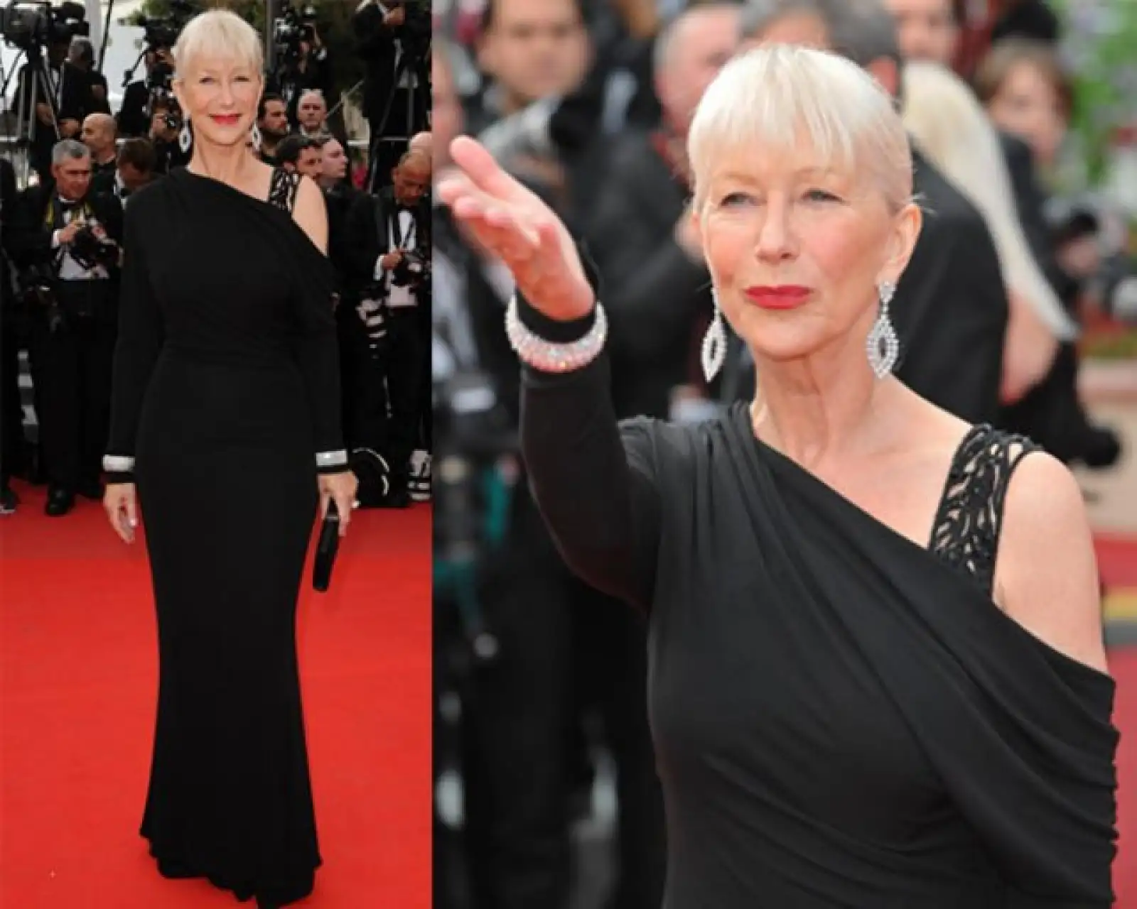 Helen Mirren sorprendió a todos con un vestido largo negro de Elie Saab de su colección prêt-à-porter para otoño-invierno 2010-2011. Sencilla pero elegante.