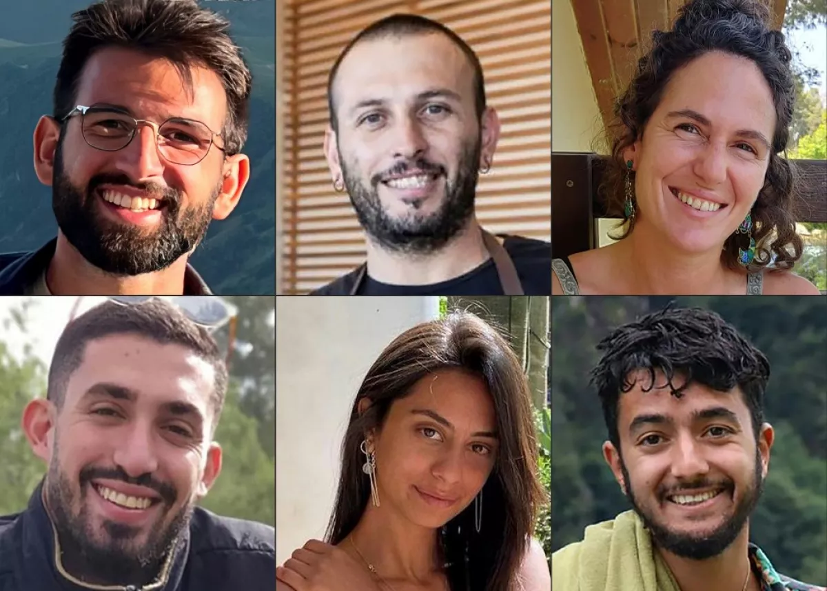 Esta combinación de imágenes creadas el 1 de septiembre de 2024 muestra retratos sin fecha proporcionados el 1 de septiembre de 2024, por la sede del Foro de Familias de Rehenes, que representan a familias de rehenes israelíes retenidos por militantes palestinos en Gaza, mostrando rehenes (en orden de las manecillas del reloj, iniciando por la izquierda) Almog Sarusi, Alexander Lubanov, Carmel Gat, Hersh Goldberg-Polin, Eden Yerushalmi y Ori Danino en lugares no especificados.