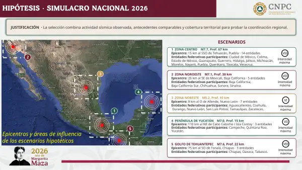 Mapa satelital de México con círculos donde se marcan los estados de Puebla, Baja California, Nuevo León y Yucatán.jpg