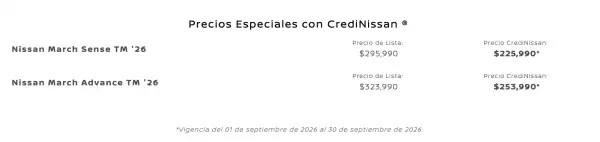 Captura de pantalla de la promoción de Nissan para el March en septiembre de 2026 en México.