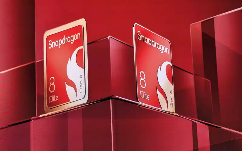 Chip Snapdragon 8 Elite, de Qualcomm, sobre un fondo de color rojo,.