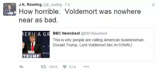 Con este tuit, J.K. Rowling expresó su descontento ante las posturas de Trump.