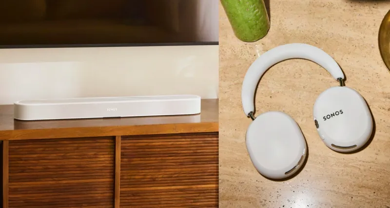 Imagen dividida en dos. Del lado de la izquierda, la nueva barra de sonido Beam Ultra en color blanco debajo de un televisor y, del lado derecho, los nuevos audífonos Ace Ultra en primer plano.