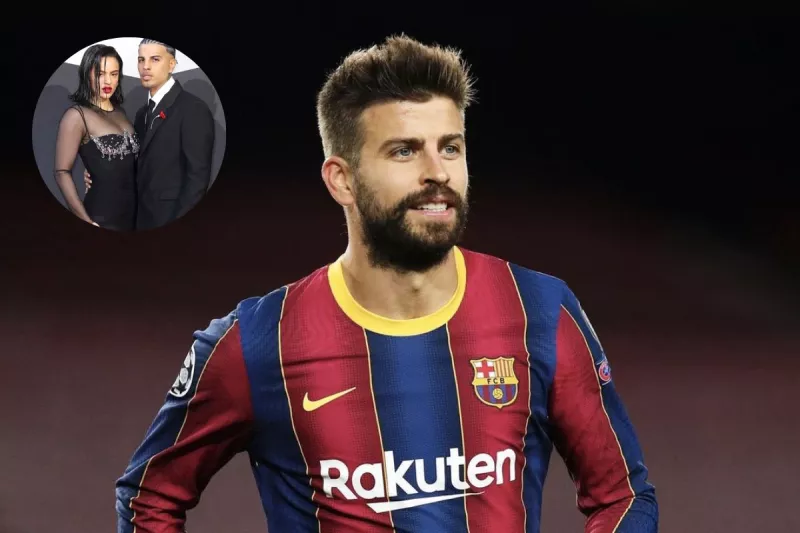 Piqué durante un partdo yRauw y Rosalía en un marco de círculo