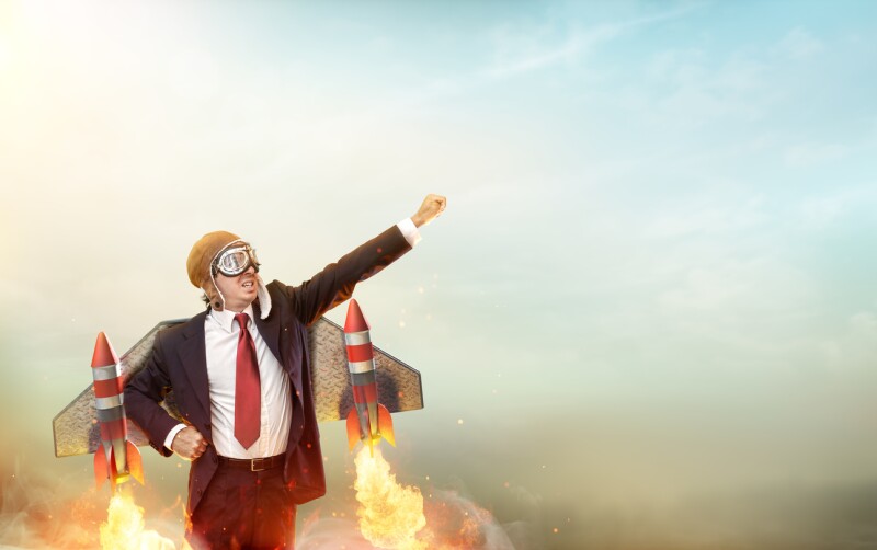 Aviator Businessman With Jetpack On His Back - Startup Concept