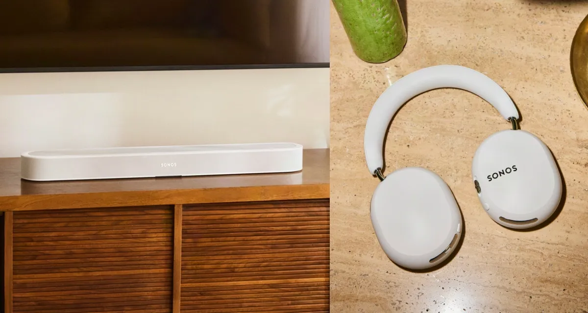 Imagen dividida en dos. Del lado de la izquierda, la nueva barra de sonido Beam Ultra en color blanco debajo de un televisor y, del lado derecho, los nuevos audífonos Ace Ultra en primer plano.