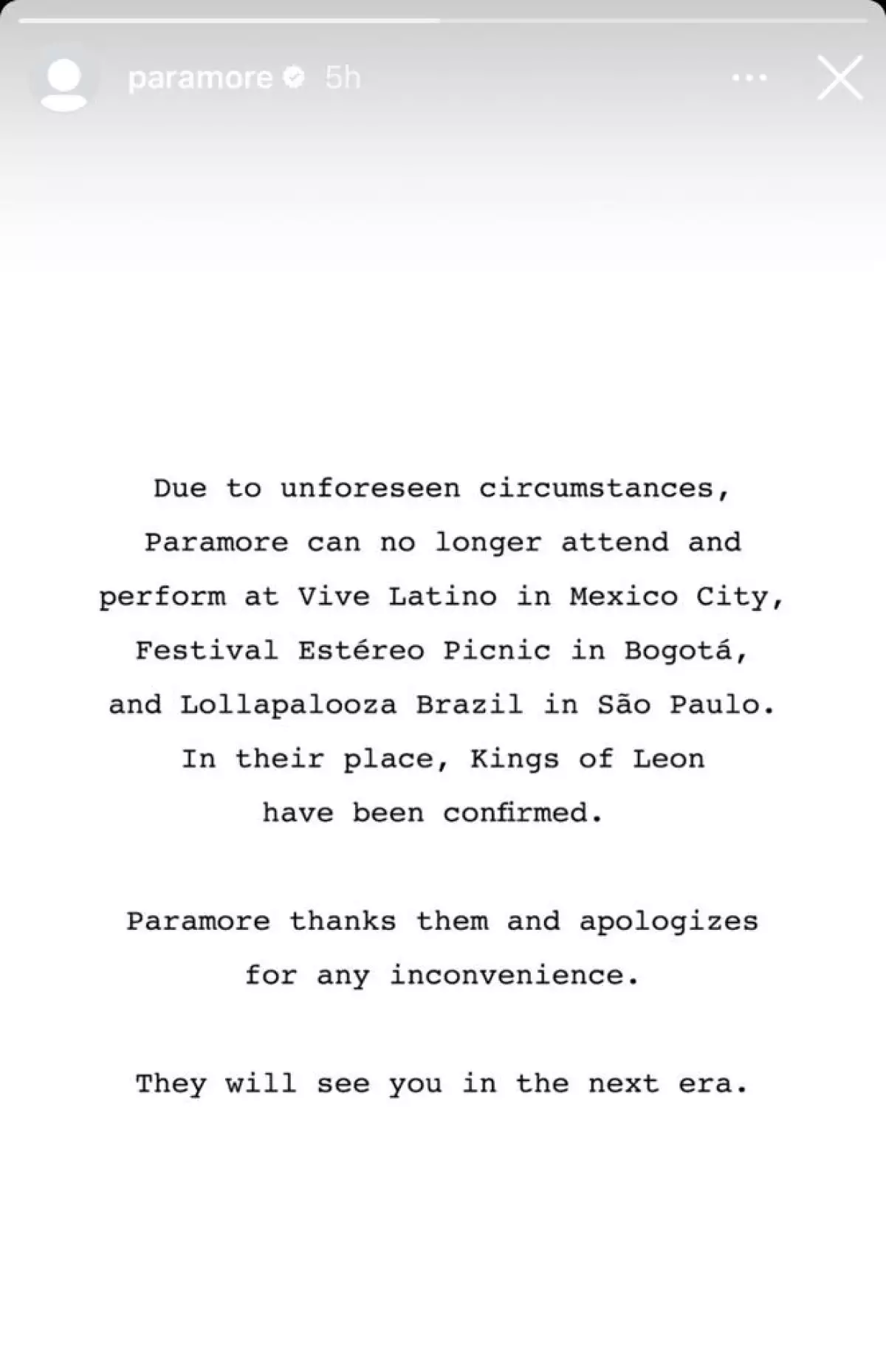 Imagen del comunicado de Paramore tras la cancelación de sus presentaciones.