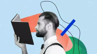 Collage picture image of attractive clever man reading encyclopedia isolated on drawing background