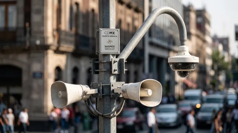 Fotografía de uno de los más de 28,000 altavoces instalados en la Ciudad de México, utilizados para emitir la alerta sísmica y advertir a la población sobre la llegada de un sismo.