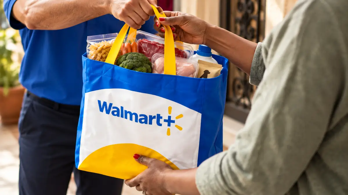 Un repartidor con uniforme azul entrega una bolsa de supermercado de Walmart+ a una persona en la entrada de una vivienda. La bolsa azul y blanca lleva el logotipo de la membresía y contiene alimentos como carne, verduras, pasta y productos envasados. Ambas personas sostienen las asas de la bolsa durante la entrega de la compra a domicilio.