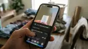 Imagen de un iPhone en primer plano mostrando en su pantalla la función de Búsqueda Visual. En el fondo se ve un entorno cotidiano en casa de alguien que está a punto de lavar su ropa.