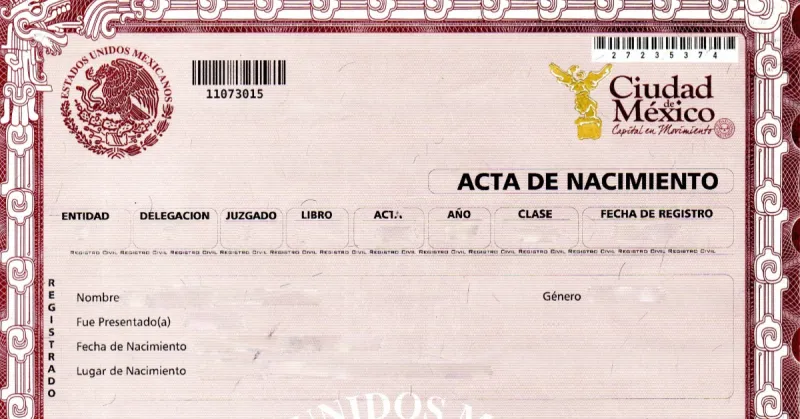 Un ejemplo de acta de nacimiento en color rosa con algunos datos censurados.jpg