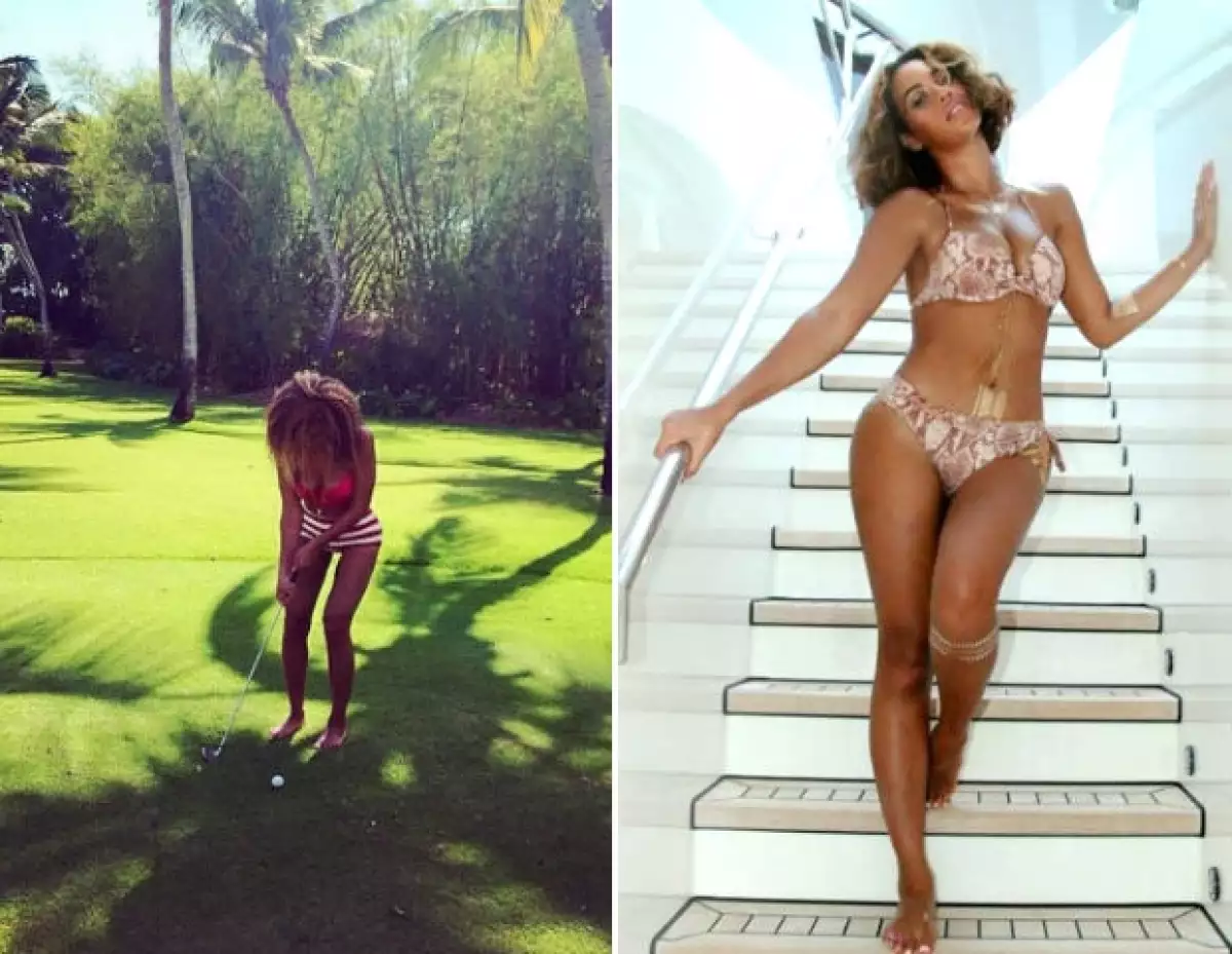 Izquierda: Beyoncé en otra foto donde "adelgazó" sus muslos. Derecha: Una foto más natural.