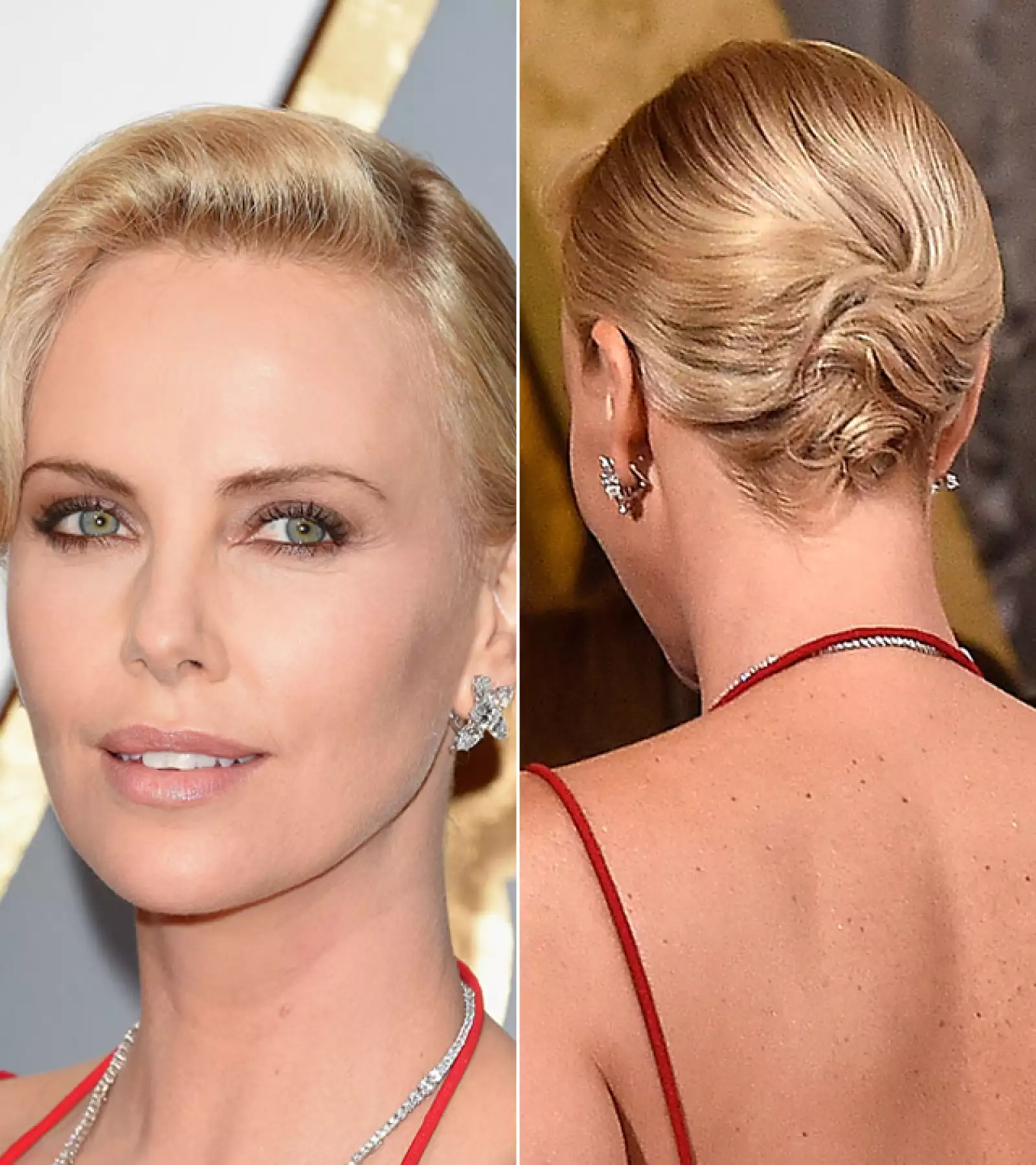 Como era de esperarse, Charlize Theron lució espectacular en la alfombra roja. Llevó un mini low bun con ondas a los lados, dándole un toque vintage, y un beauty look natural y nude.